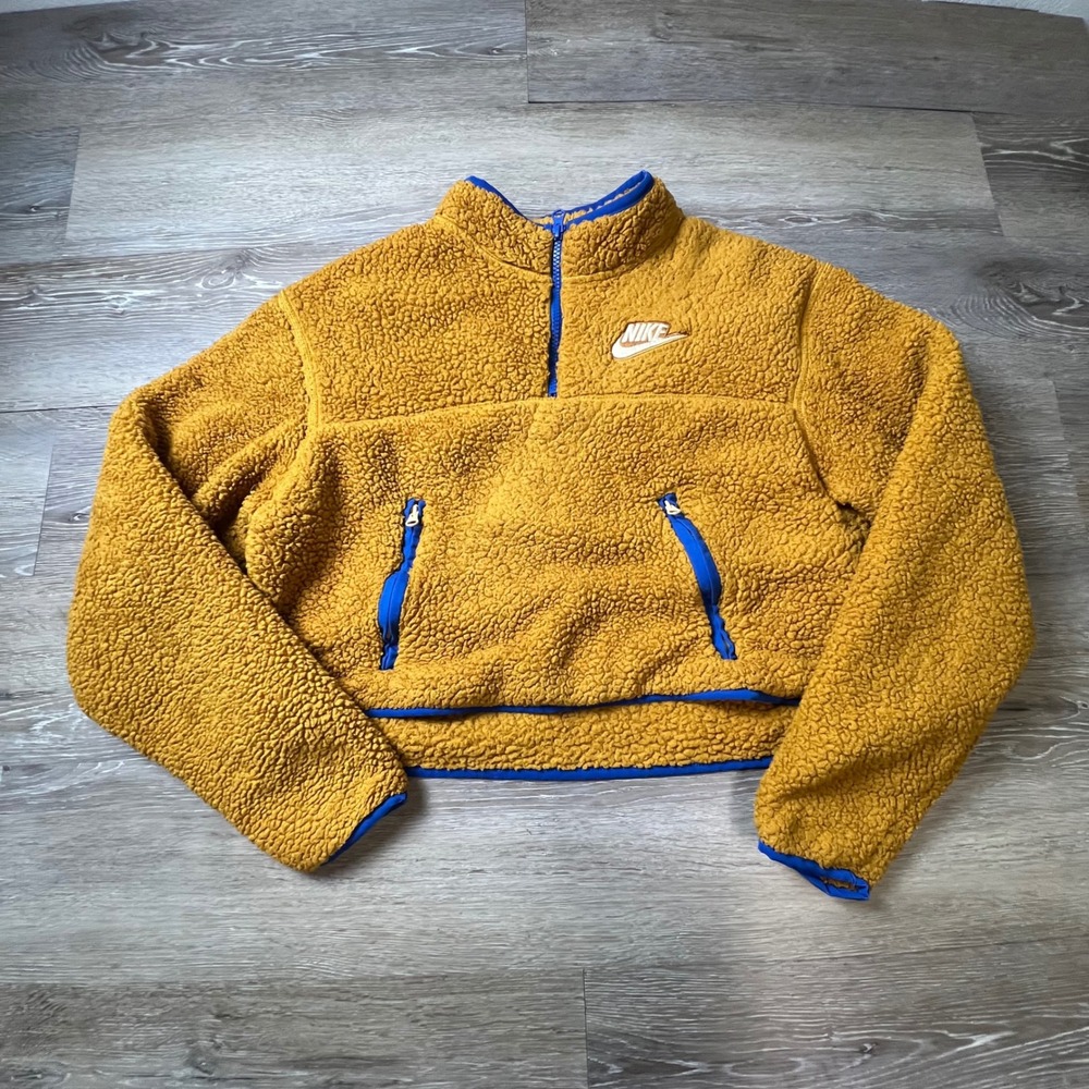 Nike Sherpa Fleece Pullover Womens Small Yellow Blue Cropped Half Zip Jacket